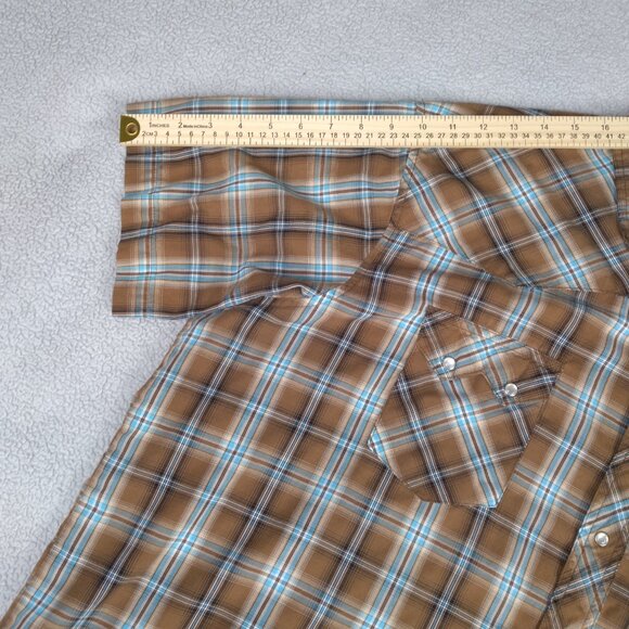 Wrangler Men’s Western XXL Snap Shirt Brown Blue Plaid Pearl Snap Short Sleeve - Picture 9 of 15